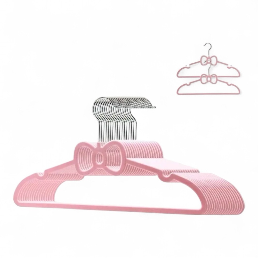Pink Bow Ultra Slim 10pcs Velvet Non Slip Hangers - 16" 360 Degree Swivel- Hook